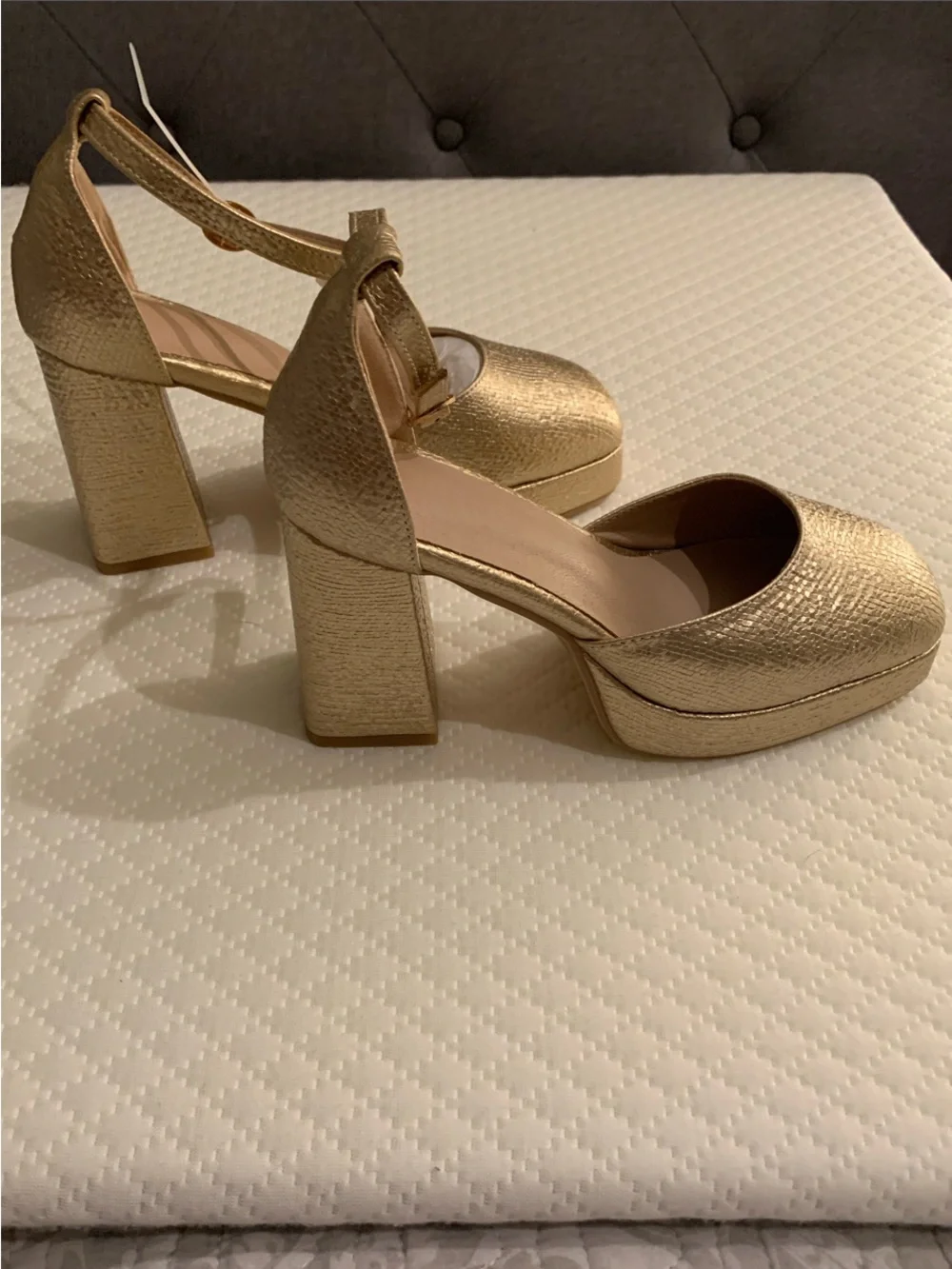 Gold Platform Block Heel Pumps with Ankle Strap